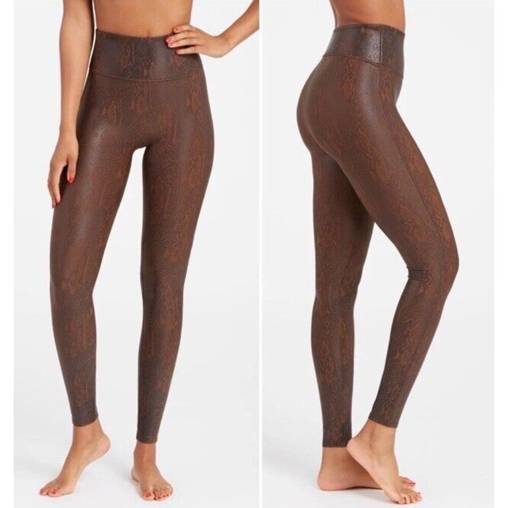 SPANX Faux Leather Snakeskin Print Leggings Stretch Club Edgy Biker Brown Medium